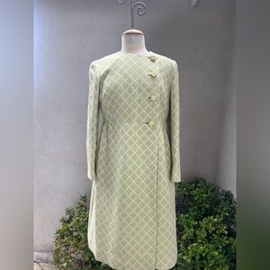 Vintage 70s coat dress or coat soft greens abstract pattern lined M Mancini